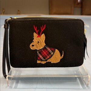 Talbots Black Wristlet with Embroidered Dog and Red Antlers